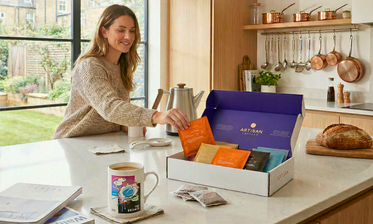 An open white gift box sitting on a table in a nicely set living room