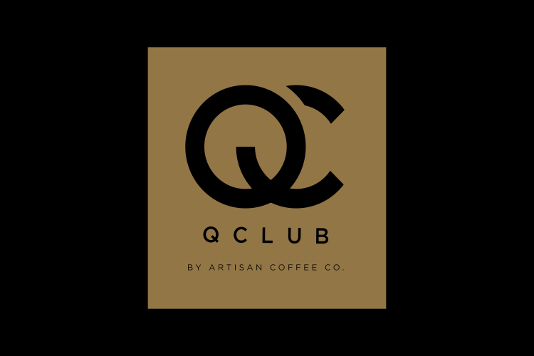 Q Club by Artisan Coffee Co - Black logo and text on a square gold background