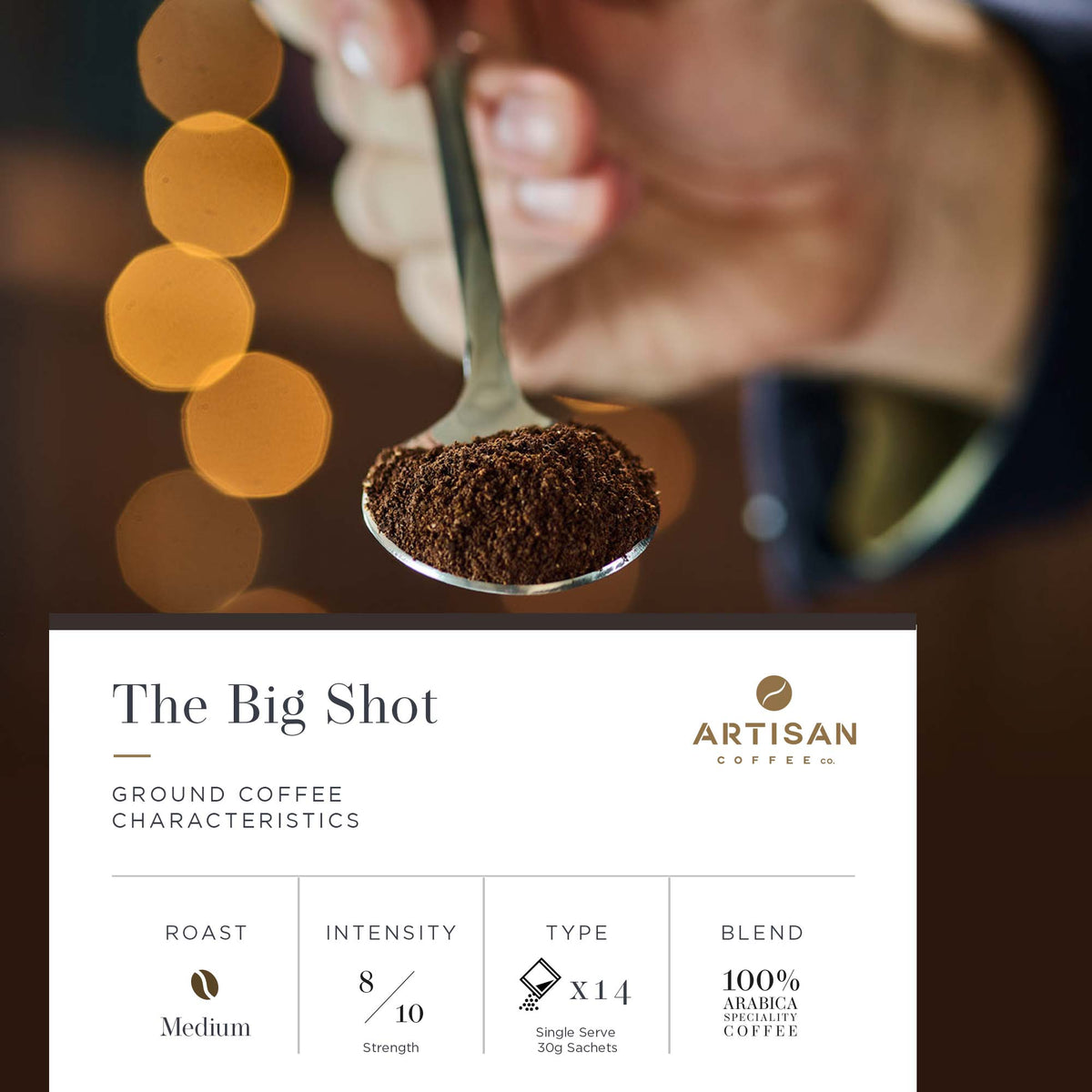 Artisan Coffee Co The Big Shot ground coffee Infographic characteristics