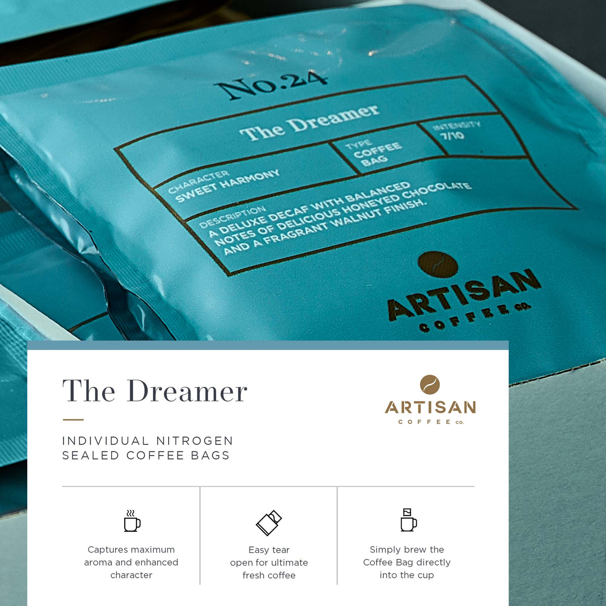 Artisan Coffee Co The Dreamer Coffee bags Infographic Nitrogen Sealed
