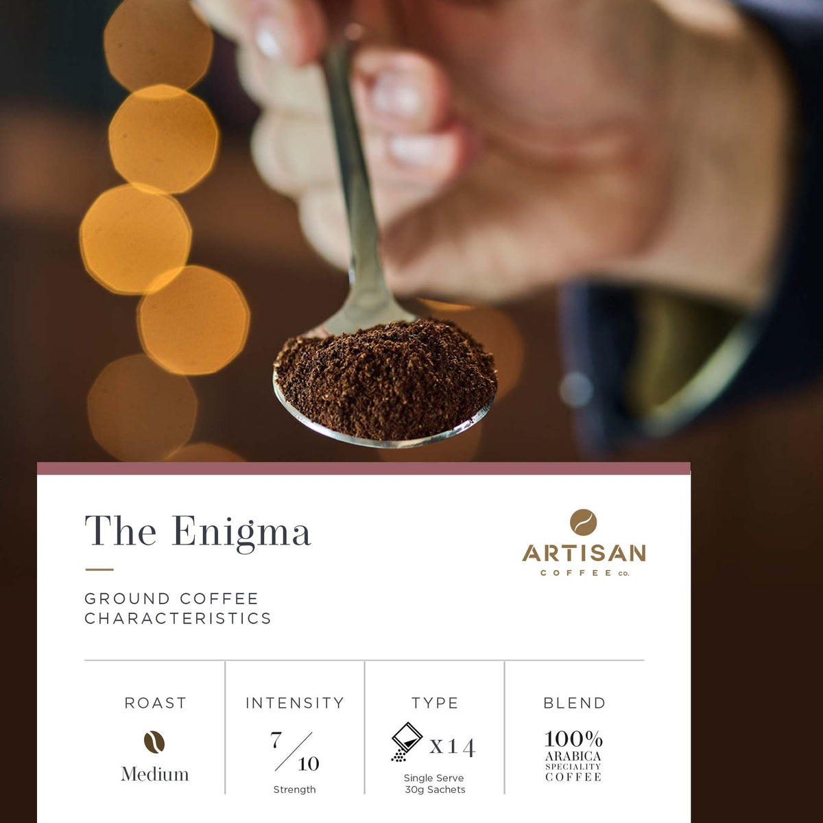 Artisan Coffee Co The Enigma ground coffee Infographic characteristics